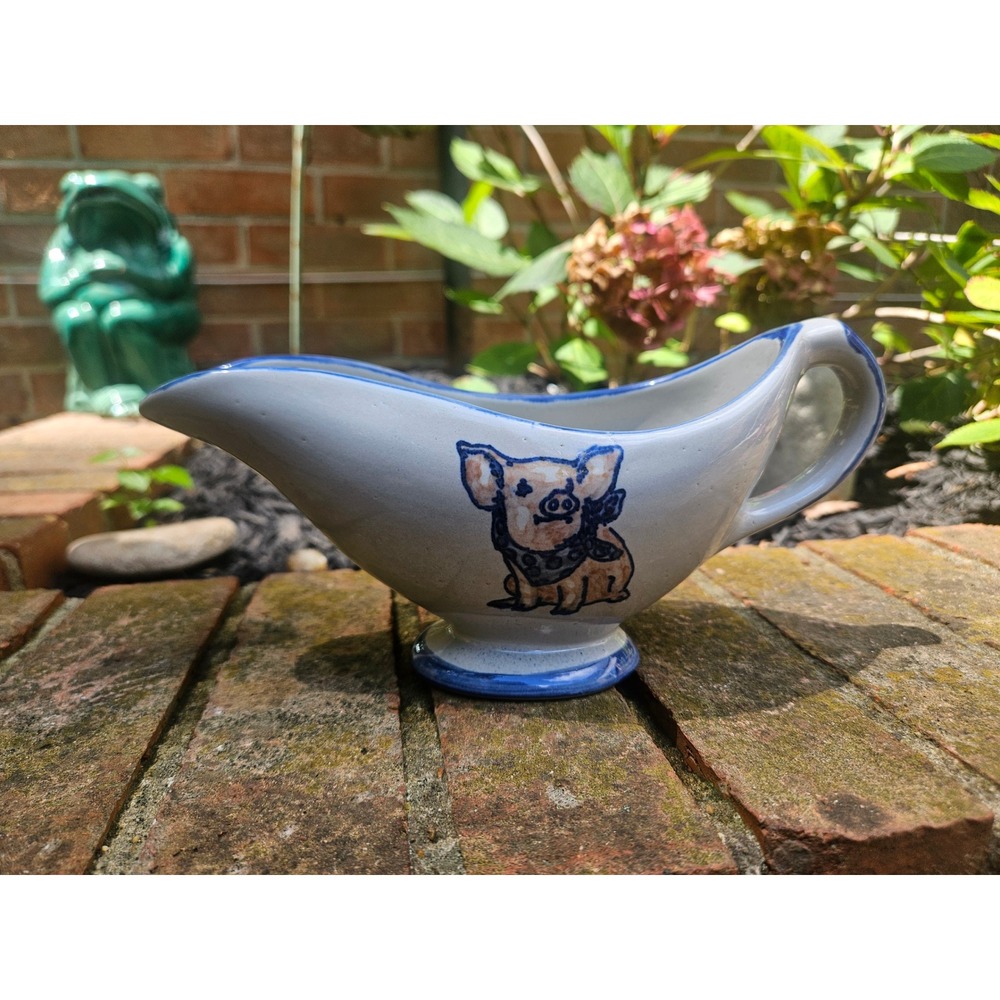 Vintage 1980's Louisville Stoneware Pottery "Precious Pigs" Blue Rim Gravy Boat